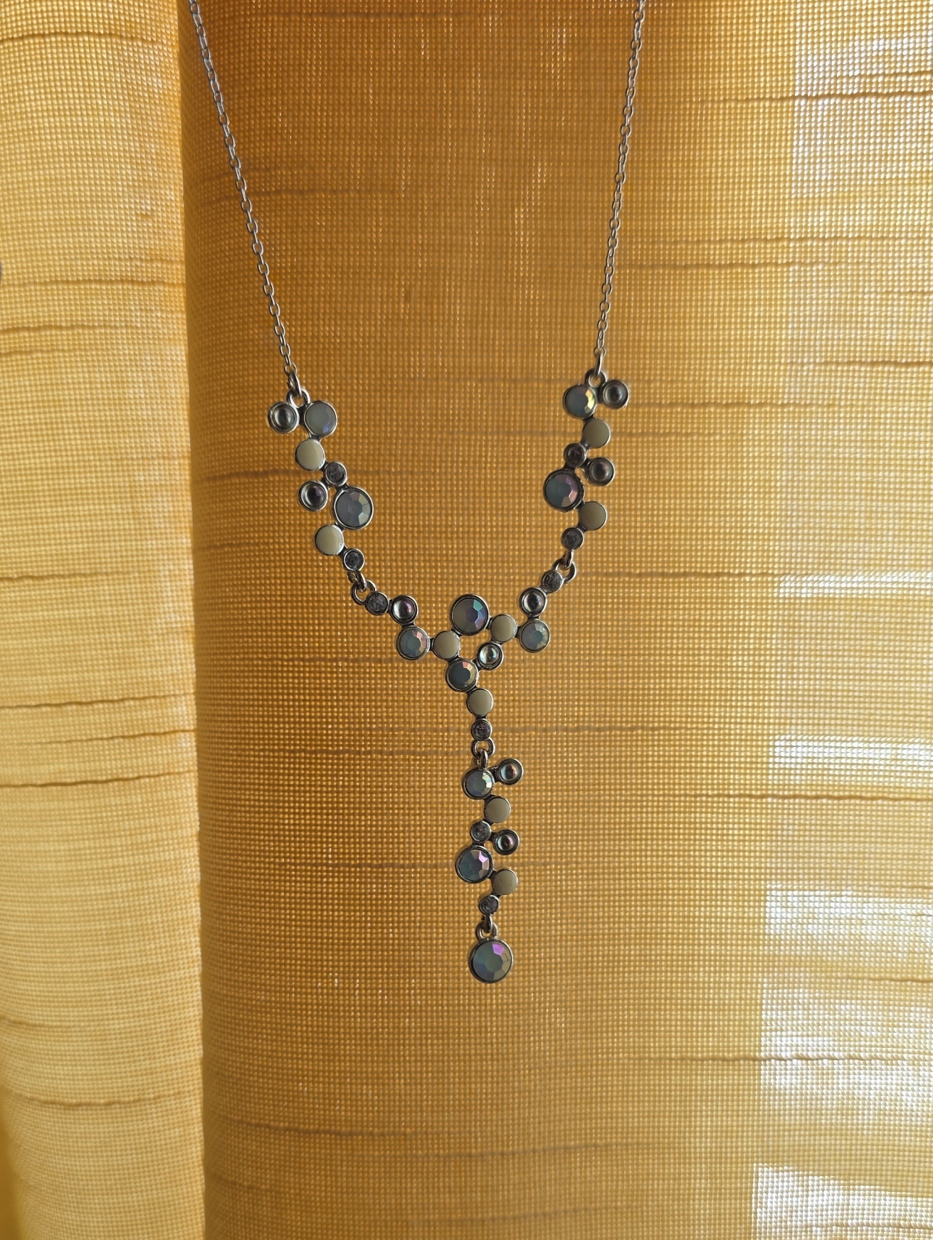 Vintage Silver Tone Iridescent Disc Y-Chain Necklace - Women Jewelry